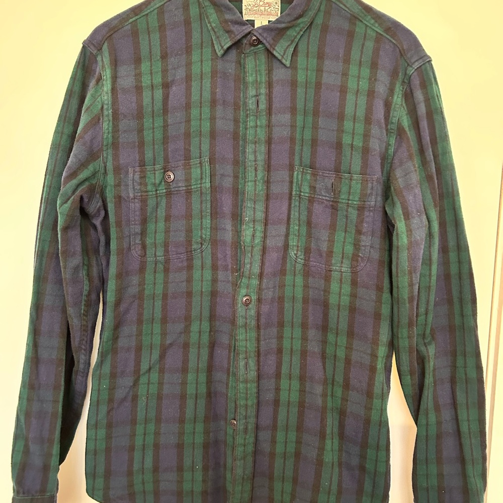 J. Crew Men's Green and Navy Checkered Shirt